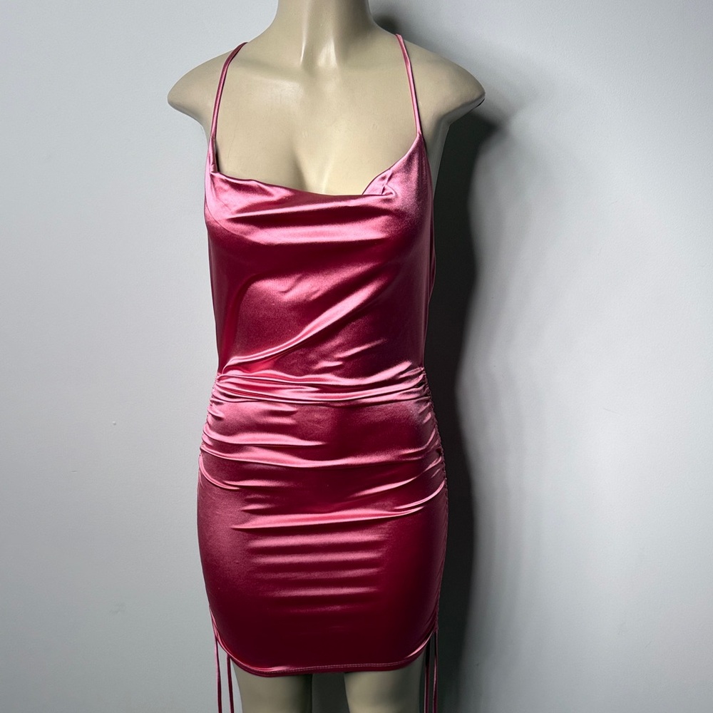 Christina Satin Cowl Neck Mini Dress in Dusty Rose